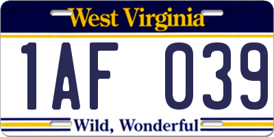 WV license plate 1AF039
