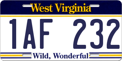 WV license plate 1AF232