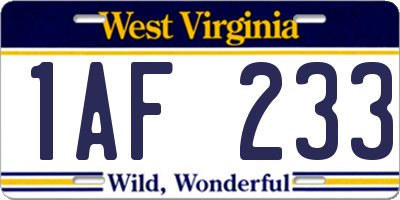 WV license plate 1AF233