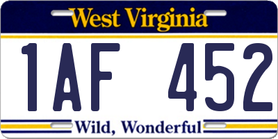 WV license plate 1AF452