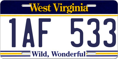 WV license plate 1AF533