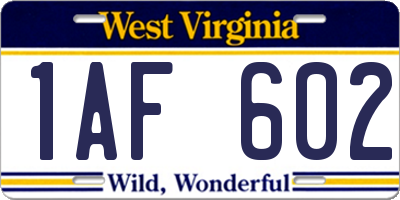 WV license plate 1AF602