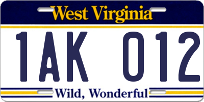 WV license plate 1AK012