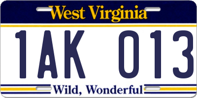 WV license plate 1AK013
