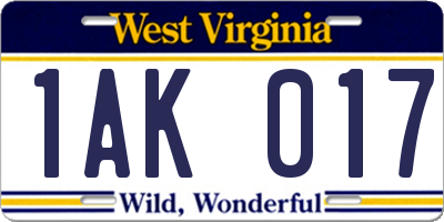 WV license plate 1AK017