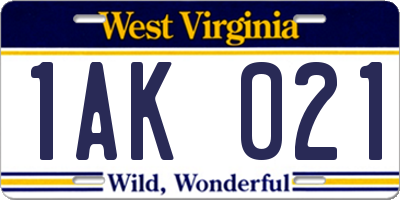 WV license plate 1AK021