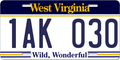 WV license plate 1AK030