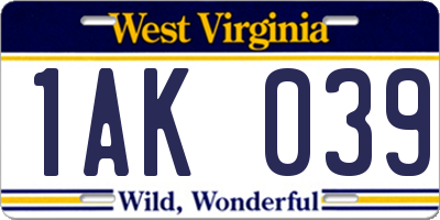 WV license plate 1AK039