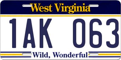 WV license plate 1AK063
