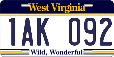 WV license plate 1AK092