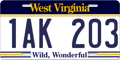 WV license plate 1AK203