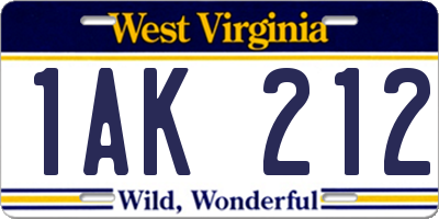 WV license plate 1AK212