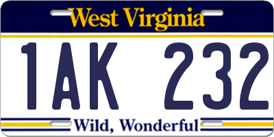 WV license plate 1AK232