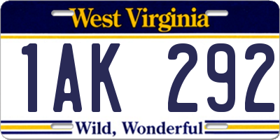 WV license plate 1AK292