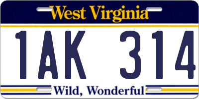 WV license plate 1AK314