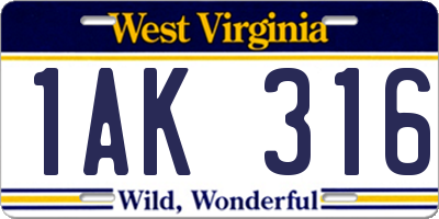 WV license plate 1AK316