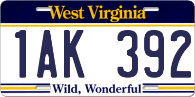 WV license plate 1AK392