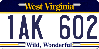 WV license plate 1AK602