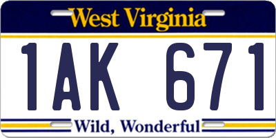 WV license plate 1AK671