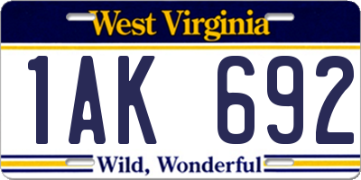 WV license plate 1AK692