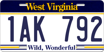 WV license plate 1AK792