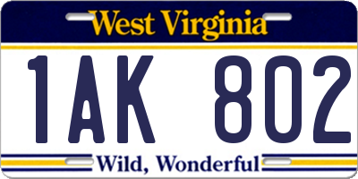 WV license plate 1AK802