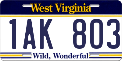 WV license plate 1AK803