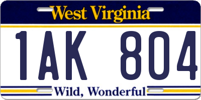 WV license plate 1AK804