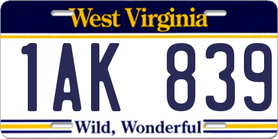 WV license plate 1AK839