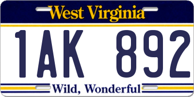 WV license plate 1AK892