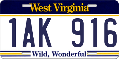 WV license plate 1AK916