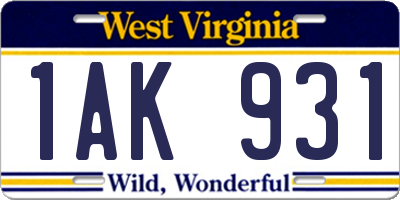 WV license plate 1AK931