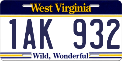 WV license plate 1AK932