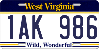 WV license plate 1AK986
