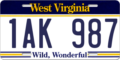 WV license plate 1AK987