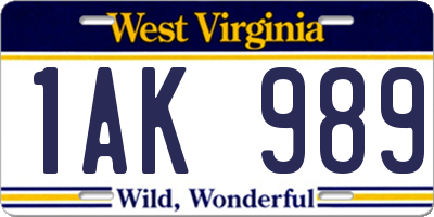 WV license plate 1AK989
