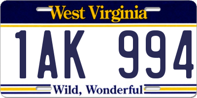 WV license plate 1AK994