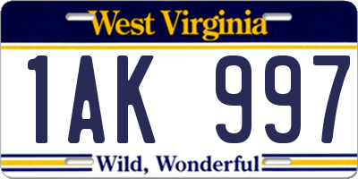 WV license plate 1AK997