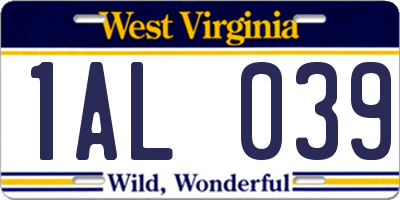 WV license plate 1AL039