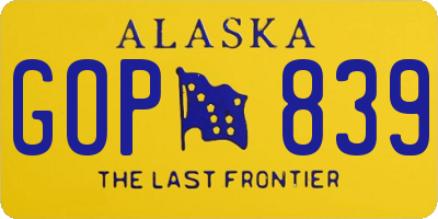AK license plate GOP839