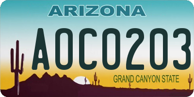 AZ license plate AOC0203