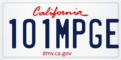 CA license plate 1O1MPGE