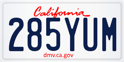 CA license plate 285YUM