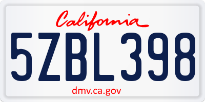 CA license plate 5ZBL398