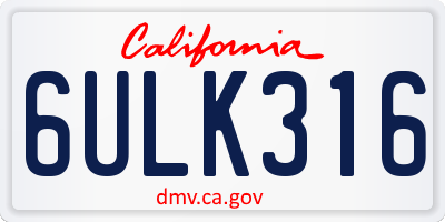 CA license plate 6ULK316