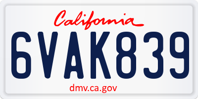 CA license plate 6VAK839