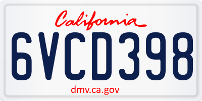 CA license plate 6VCD398