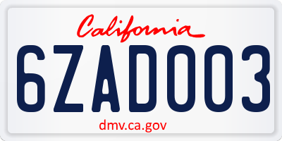 CA license plate 6ZAD003