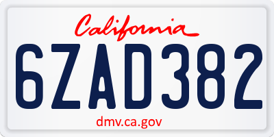 CA license plate 6ZAD382