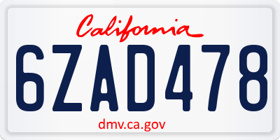 CA license plate 6ZAD478